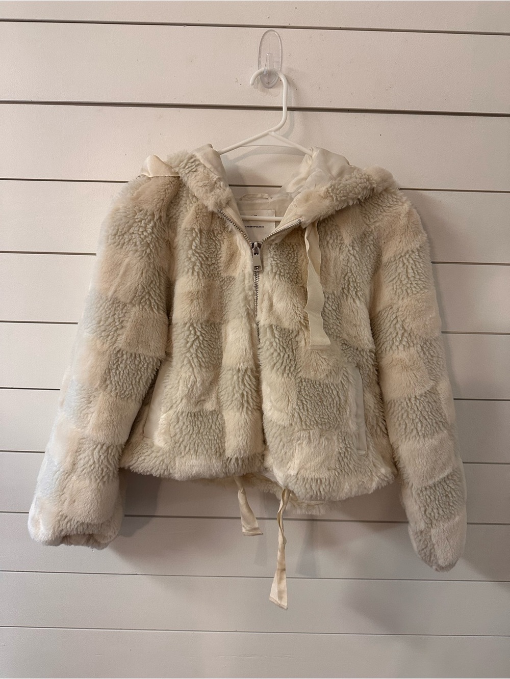 Anthropologie Ivory Check Faux Fur Hooded Jacket
